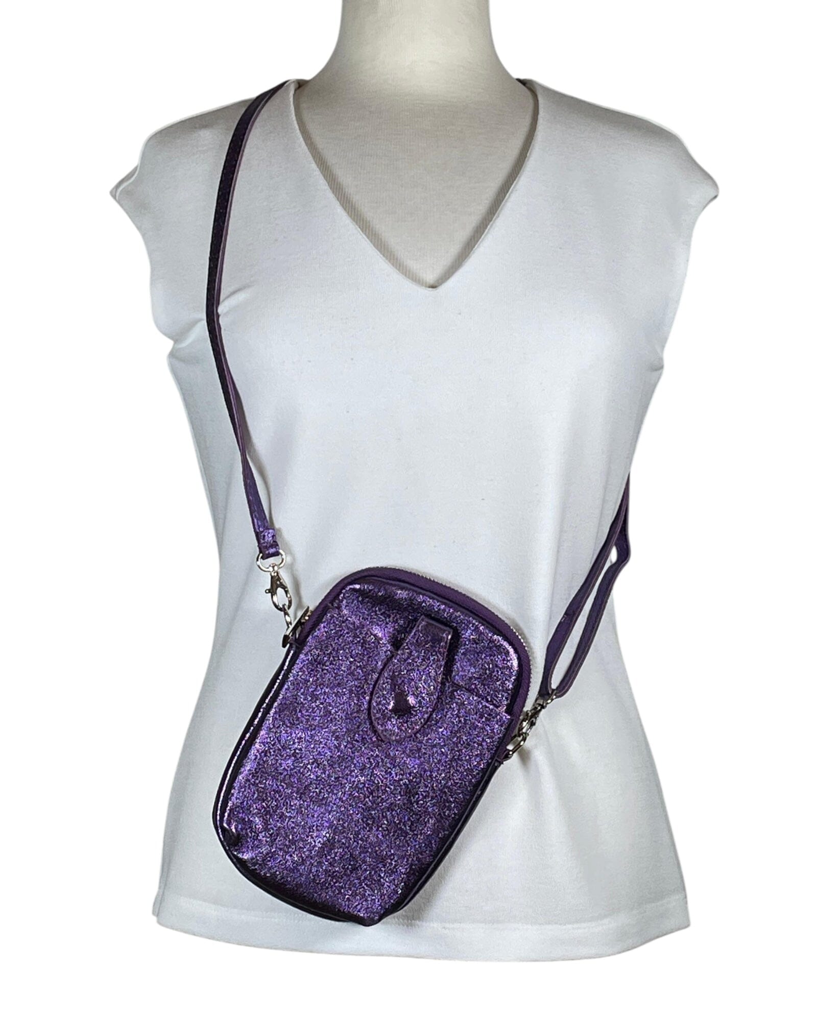 Umhängetasche mit Handyfach Handytasche Kolibri Ulm Lila Glitzer